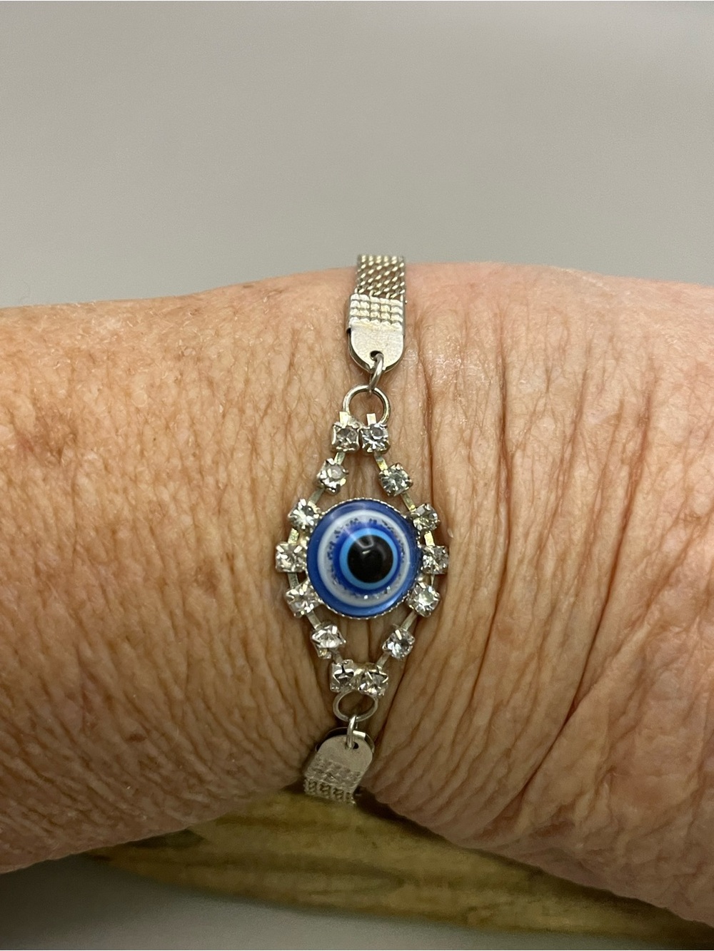 Evil Eye Bracelet Silver Blue Turkish Nazar Rhinestone Crystal Mesh Chain